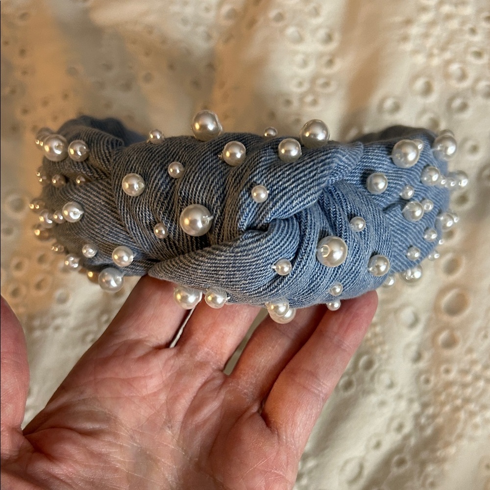 La Bella Pearl Studded Blue Denim Headband